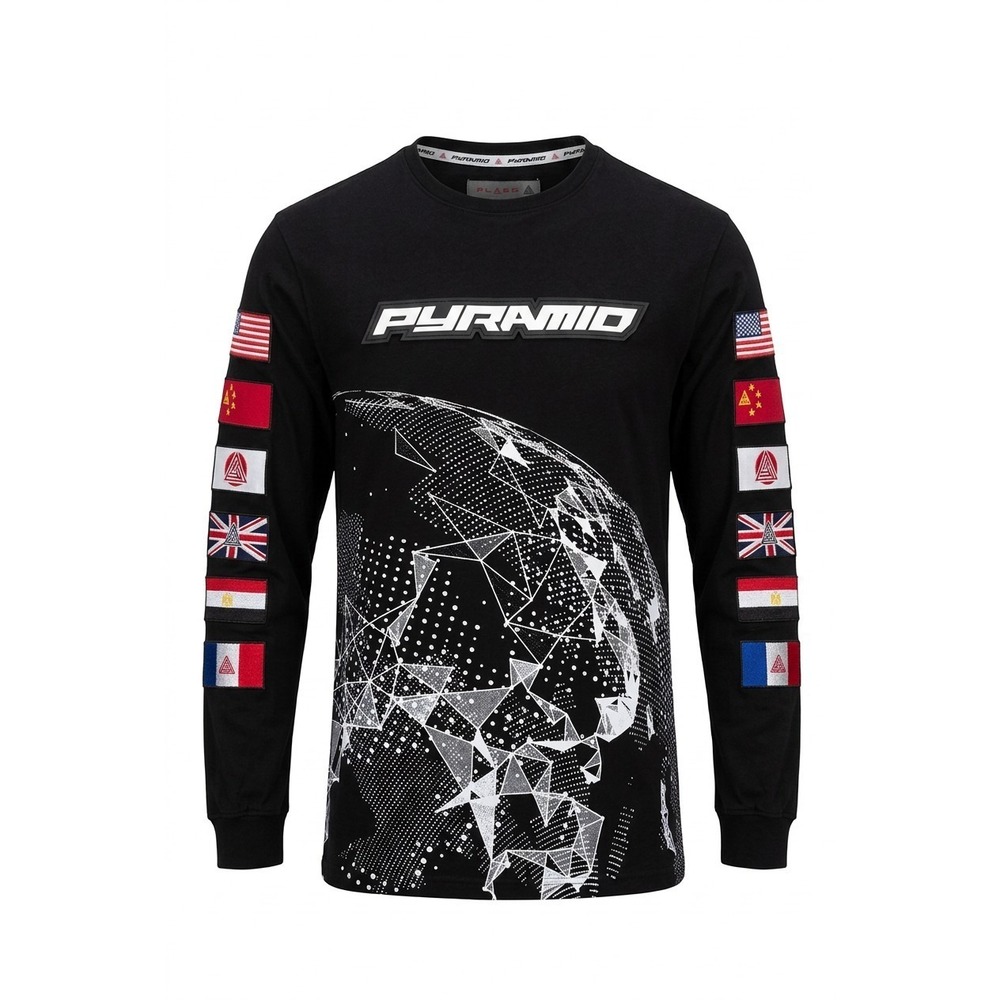 Black Pyramid Long Sleeve Shirt Large Globe Graphic Flags Streetwear Chris Brown